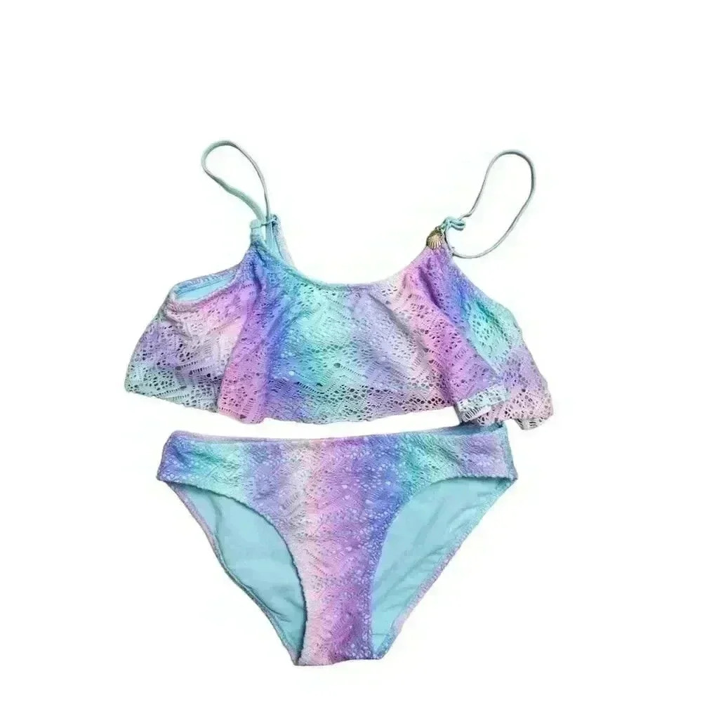 H&M Girls Multicolor Lace Pattern Bikini 12 14Y Flounce 2-Piece Swimsuit UPF 50